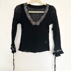 Black and White Sheer Embroidered Tie Cuff Blouse